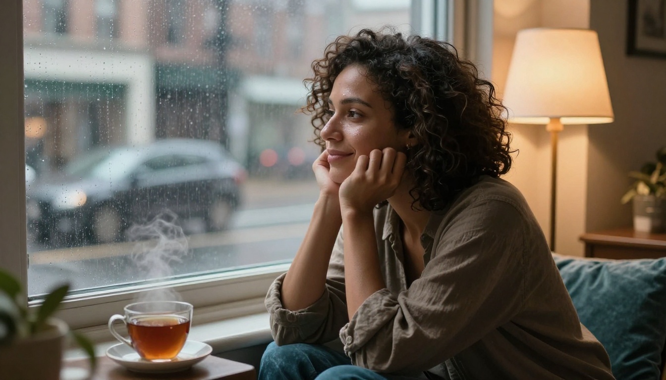 A woman with natural curls sitting at a rain-streaked window with herbal tea steaming on the ledge, smiling softly as if remembering a meaningful conversation, warm interior light against grey daylight outside