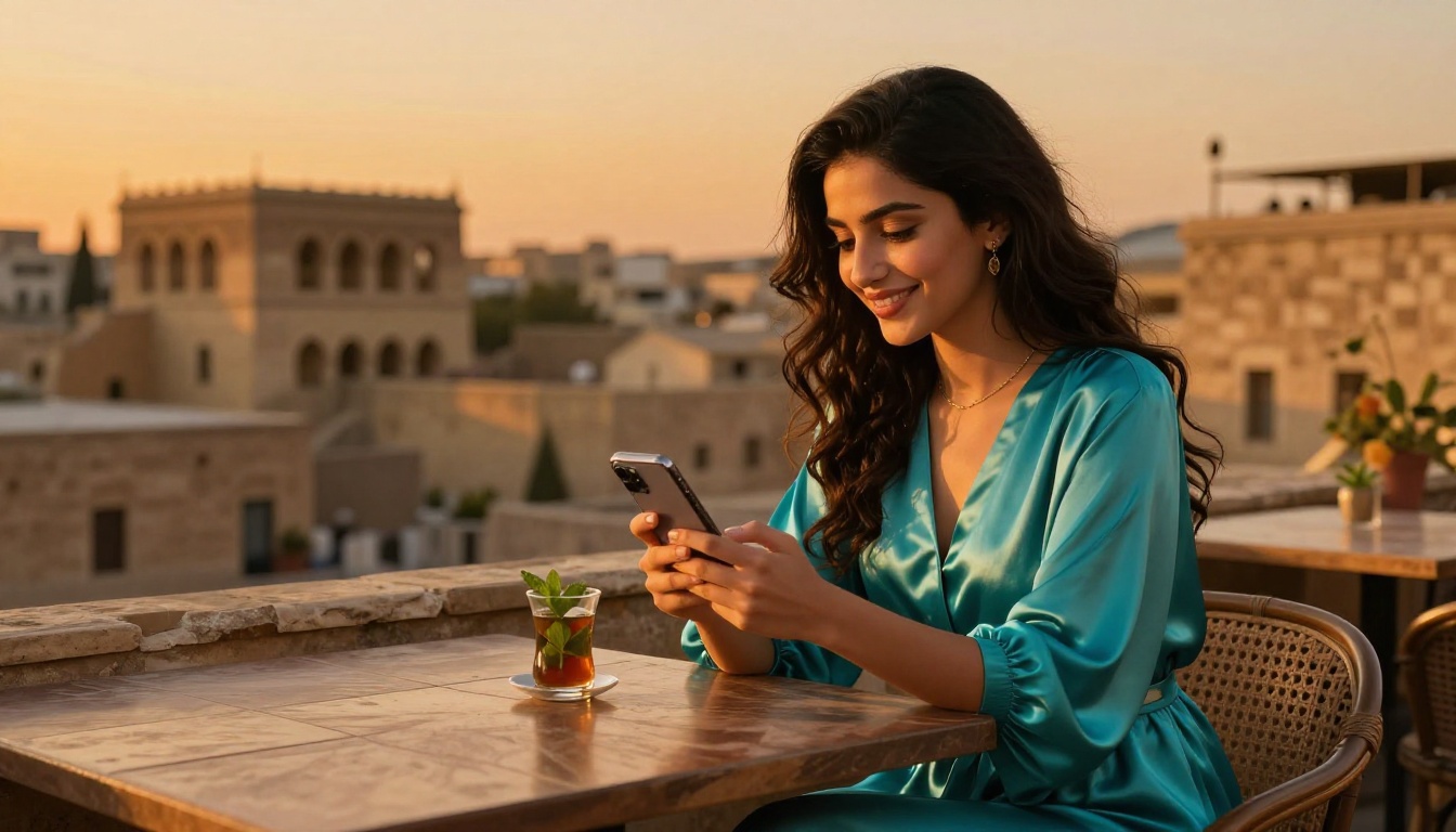 Middle Eastern companion on rooftop terrace at golden sunset