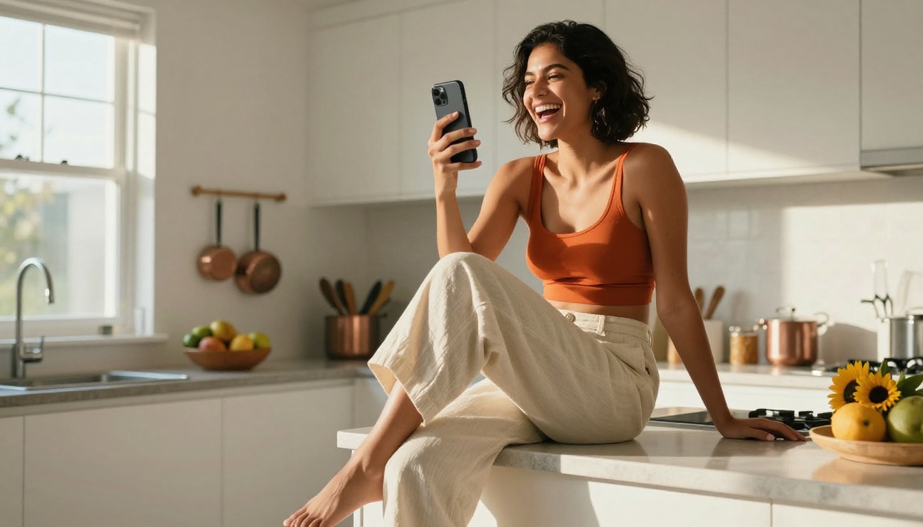 A vivacious Latina woman laughing openly at her phone while sitting on a kitchen counter, bright airy kitchen bathed in golden morning sunlight, genuine unguarded joy