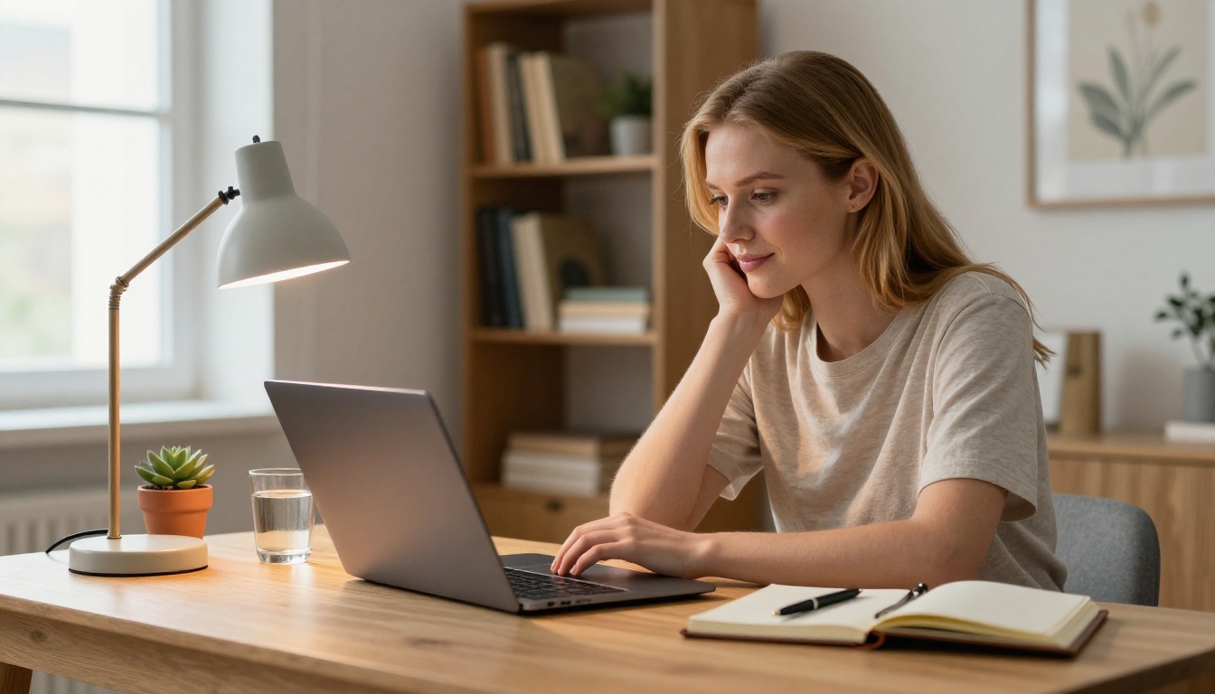 A young professional woman with honey-blonde hair at a wooden desk with a laptop, warm tungsten desk lamp light mixing with soft daylight, engaged thoughtful expression