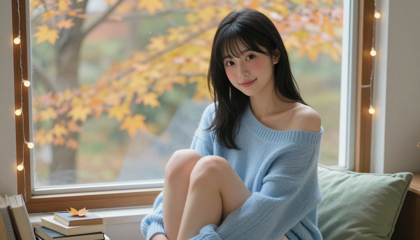 Japanese companion in cozy autumn window setting