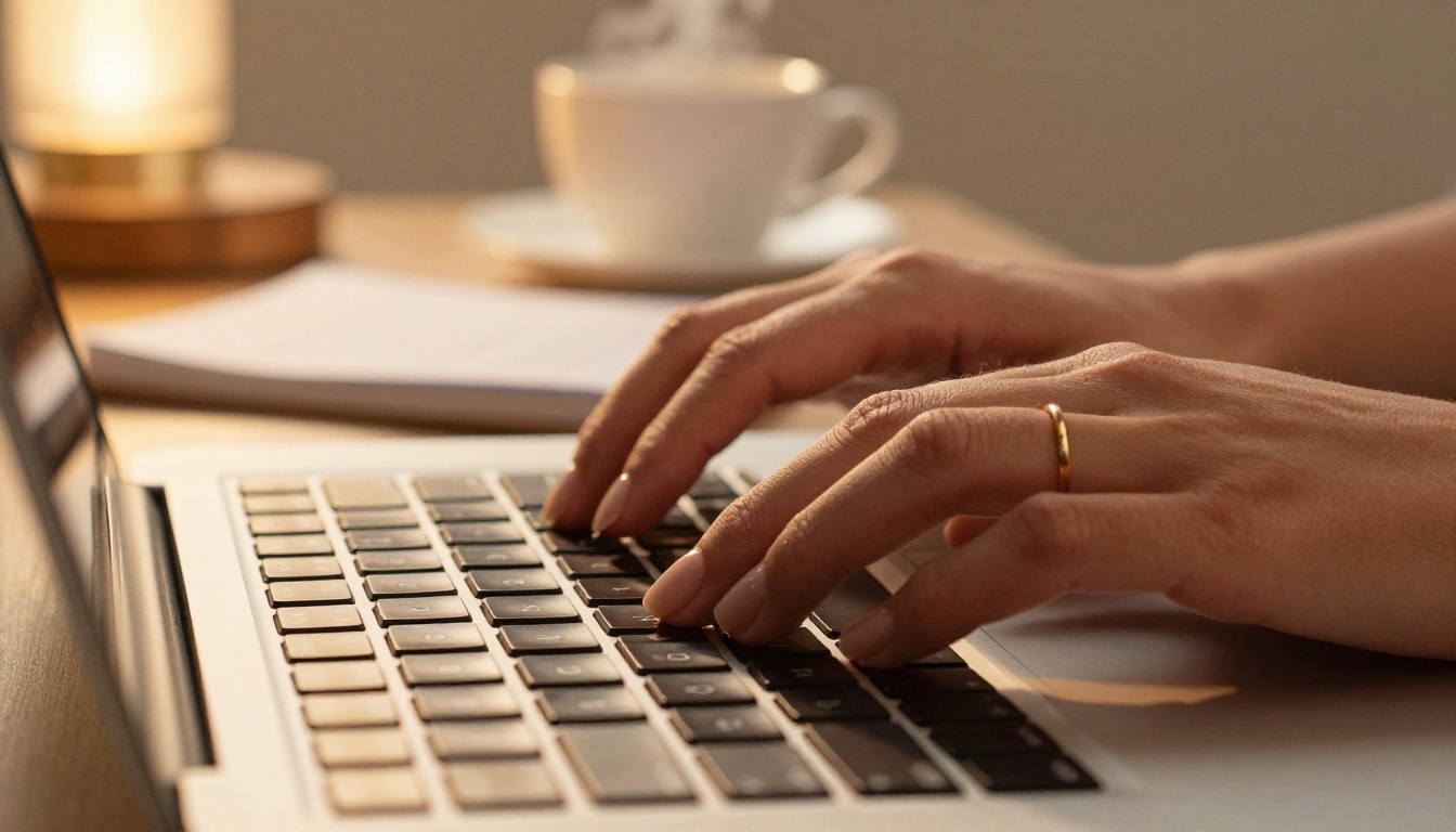 Close-up of elegant hands creating AI content on keyboard