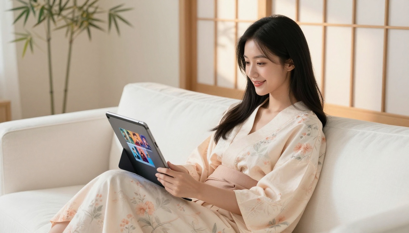 Asian woman browsing AI companion characters on tablet