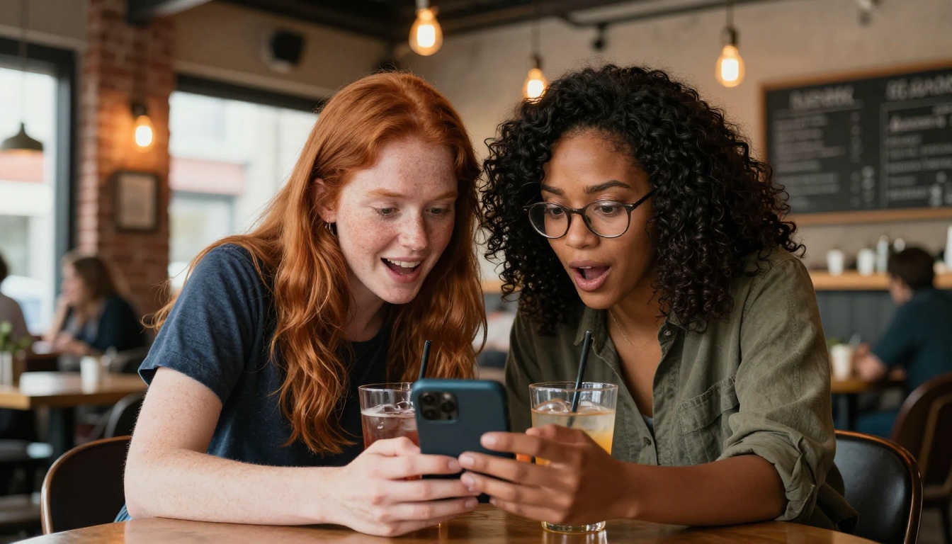 Two women of different ethnicities sitting side by side at a round cafe table, looking at the same smartphone screen together with matching expressions of delighted amusement, warm Edison bulb lighting in an exposed brick cafe