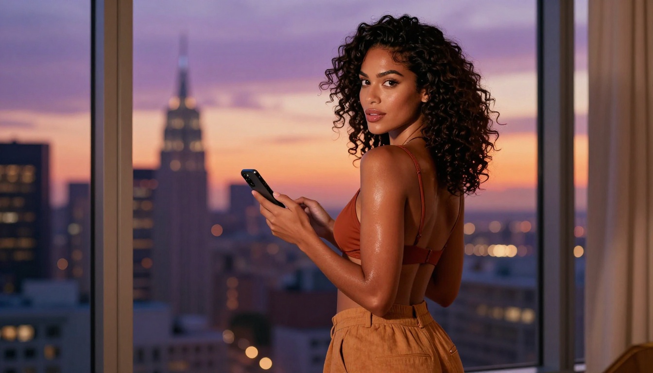 Latina woman at golden hour city window with smartphone