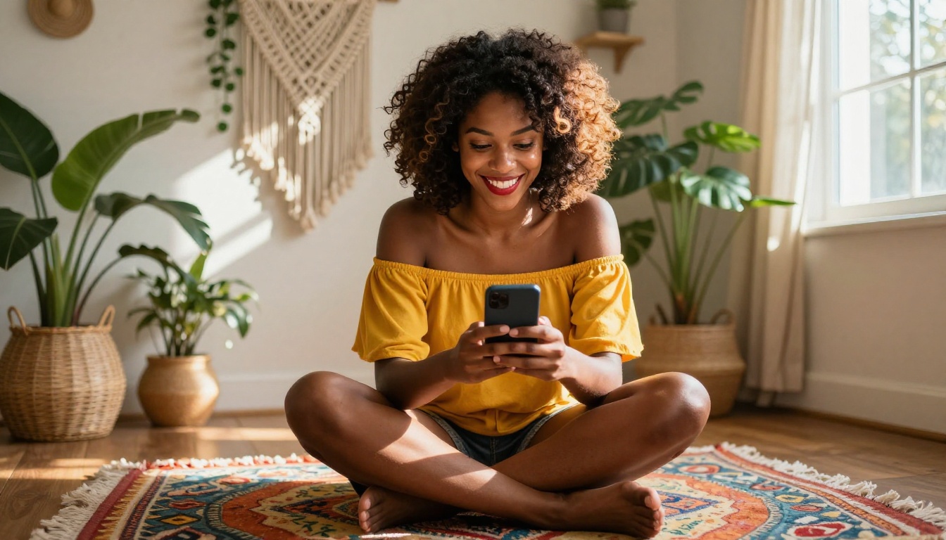 Joyful woman with expressive personality using smartphone