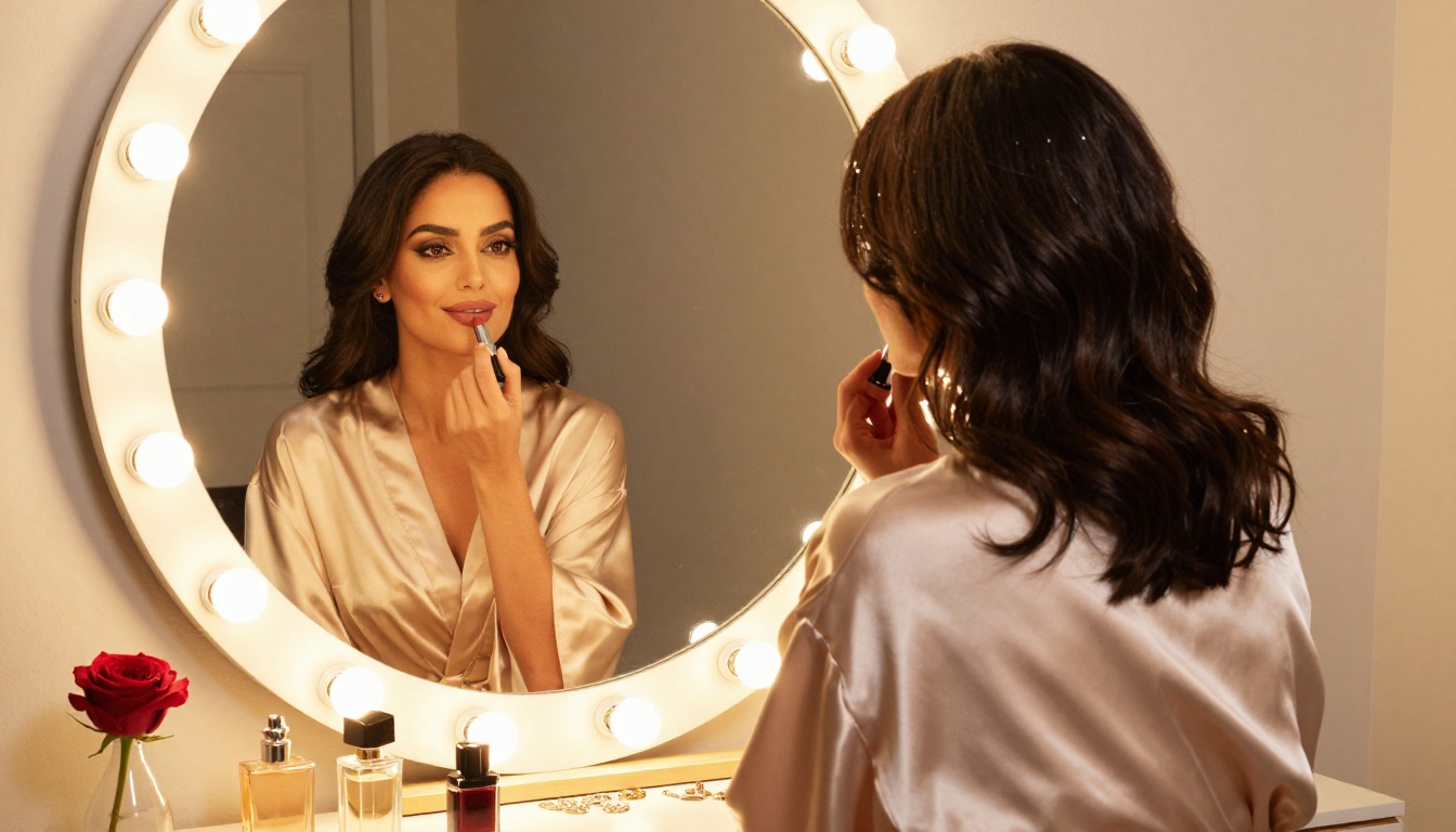 Middle Eastern woman at glamorous Hollywood-lit vanity mirror