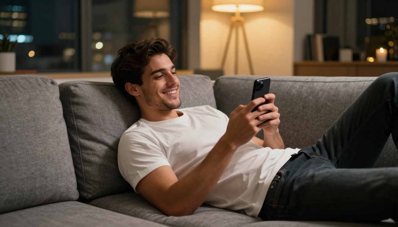 Handsome AI boyfriend character relaxing at home