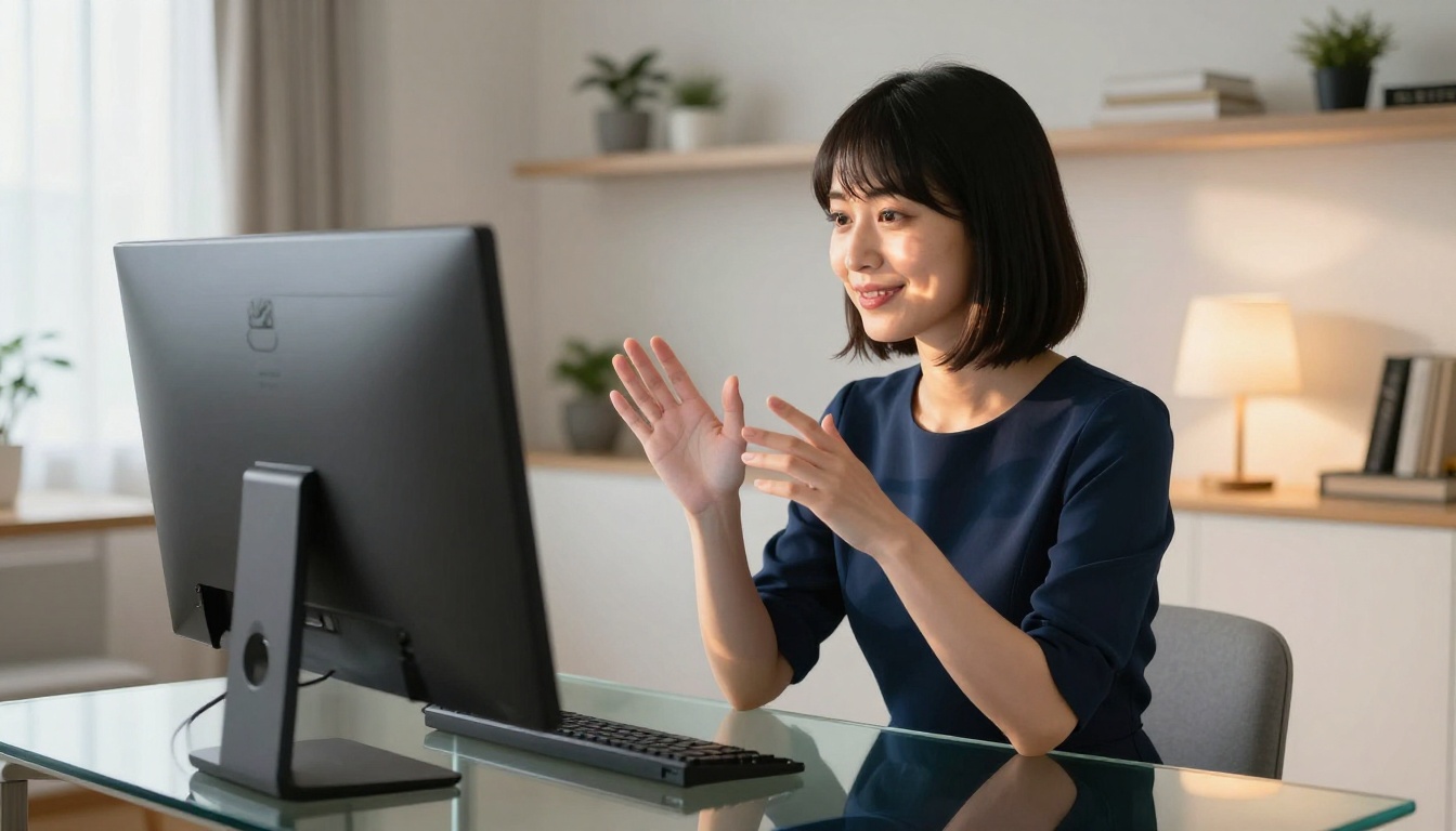 Japanese woman in video call on modern minimalist setup