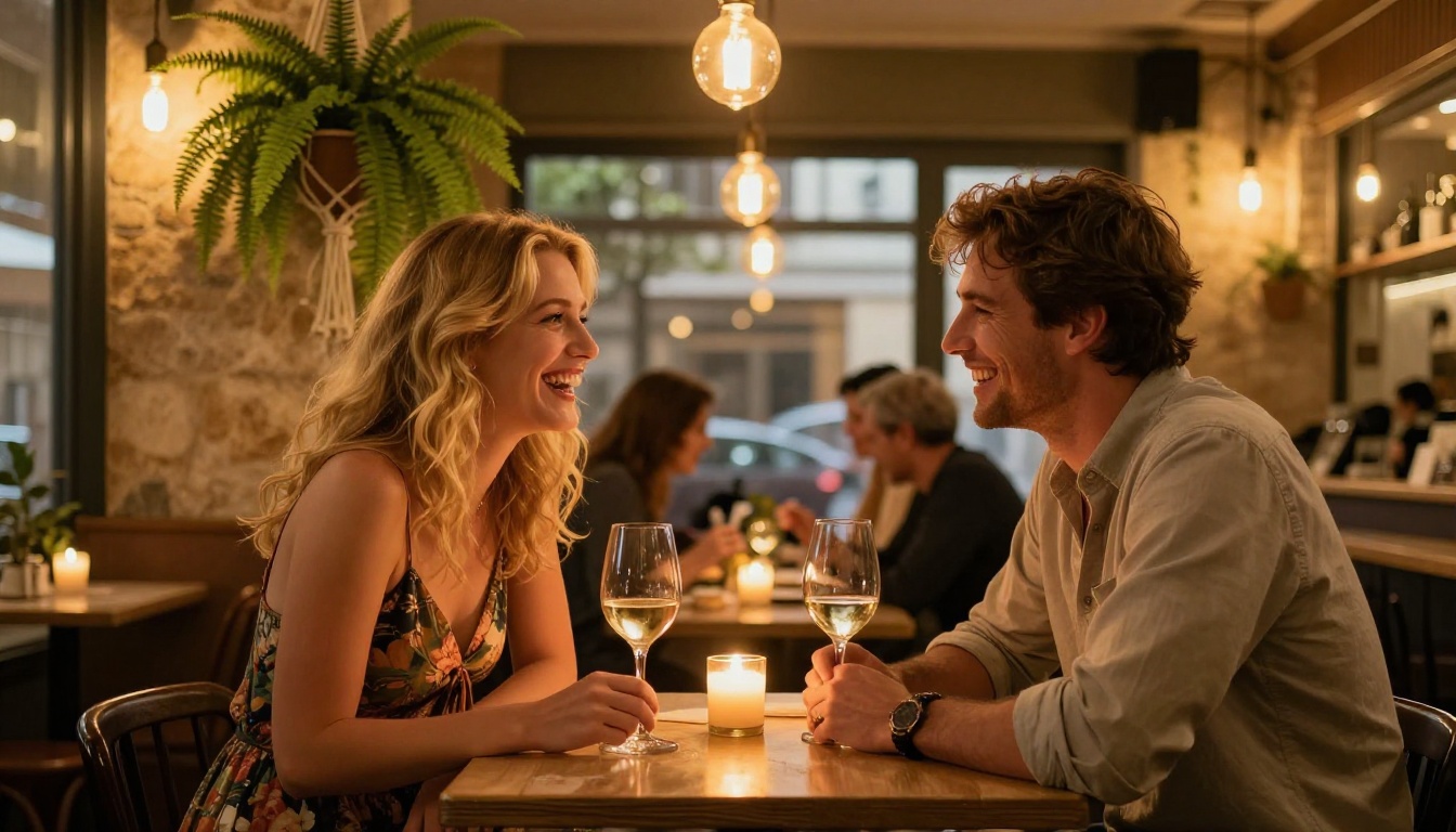 Romantic couple sharing genuine connection in intimate candlelit cafe