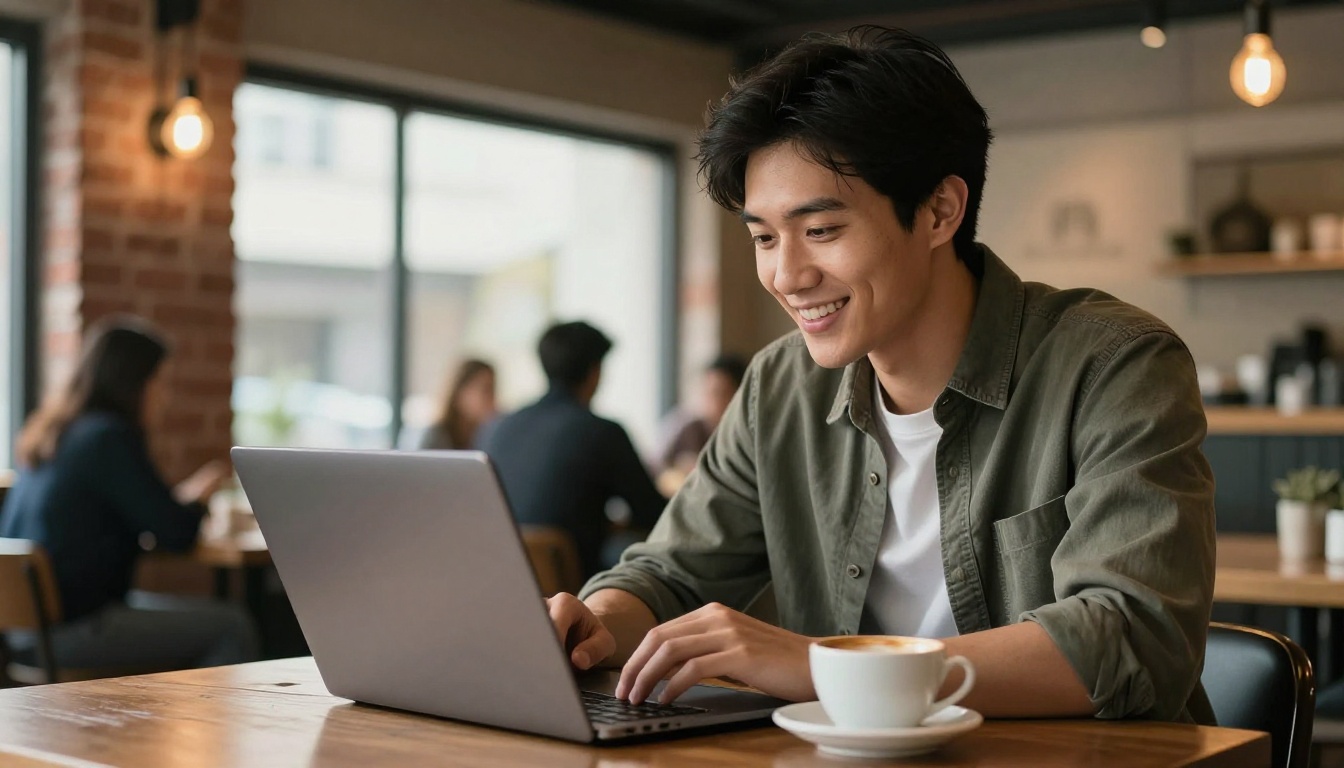 A man at a café, smiling at his laptop screen in a warm moment of digital connection