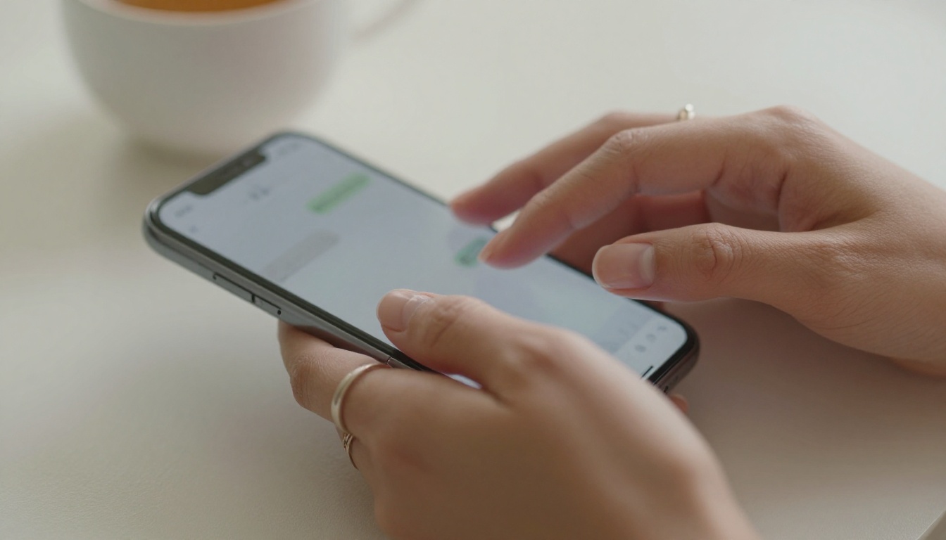 Close-up of a woman's hands typing on a phone, intimate and personal