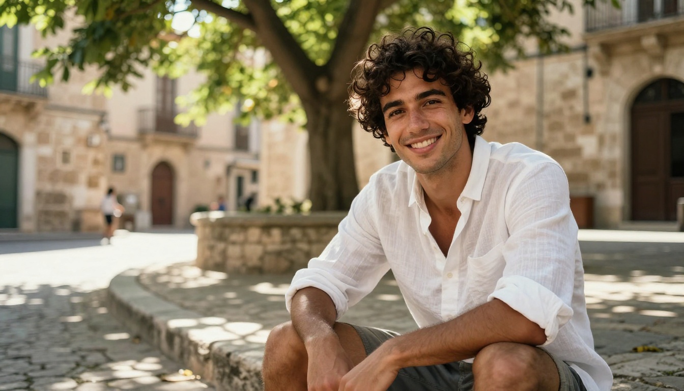 Charming AI boyfriend character in a Mediterranean setting