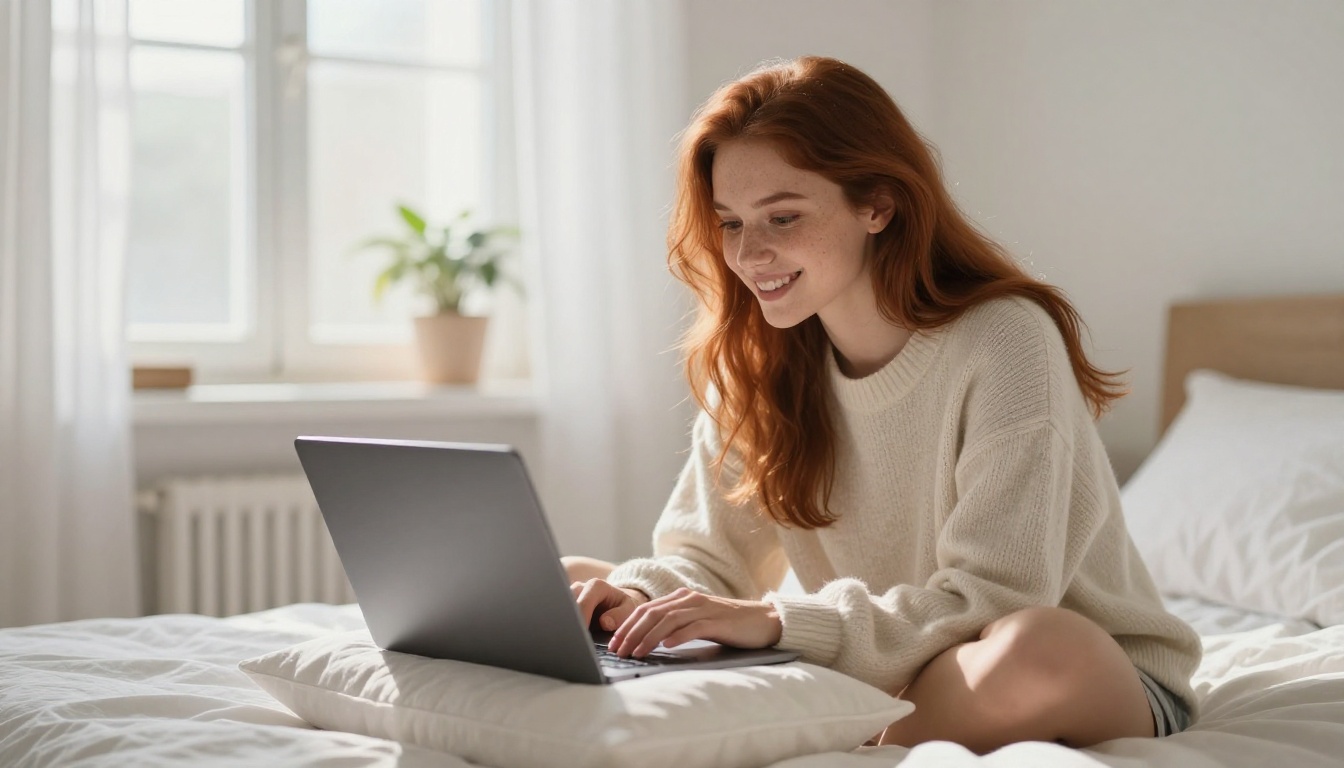 A woman on a sunlit bed smiling at her laptop, relaxed and genuinely happy