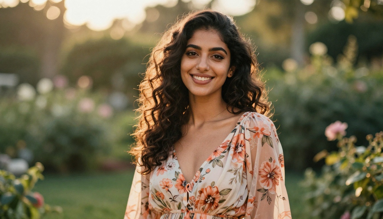 A beautiful Middle Eastern woman in a golden-hour garden, radiant and at ease