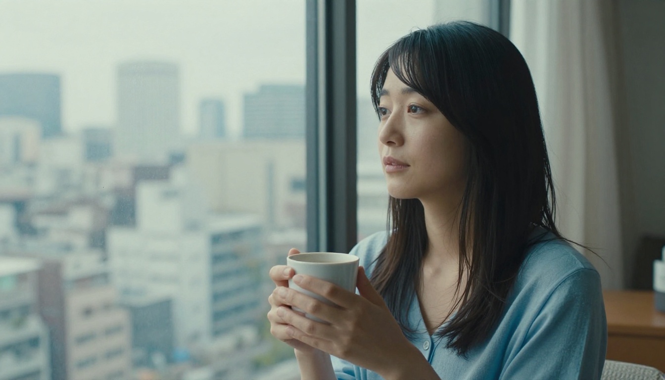 A Japanese woman holding a coffee mug, gazing pensively at the city through a window
