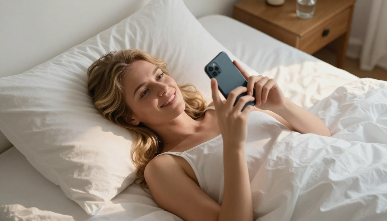 A woman lying on white linen sheets, smiling at her phone held above her, warm morning light