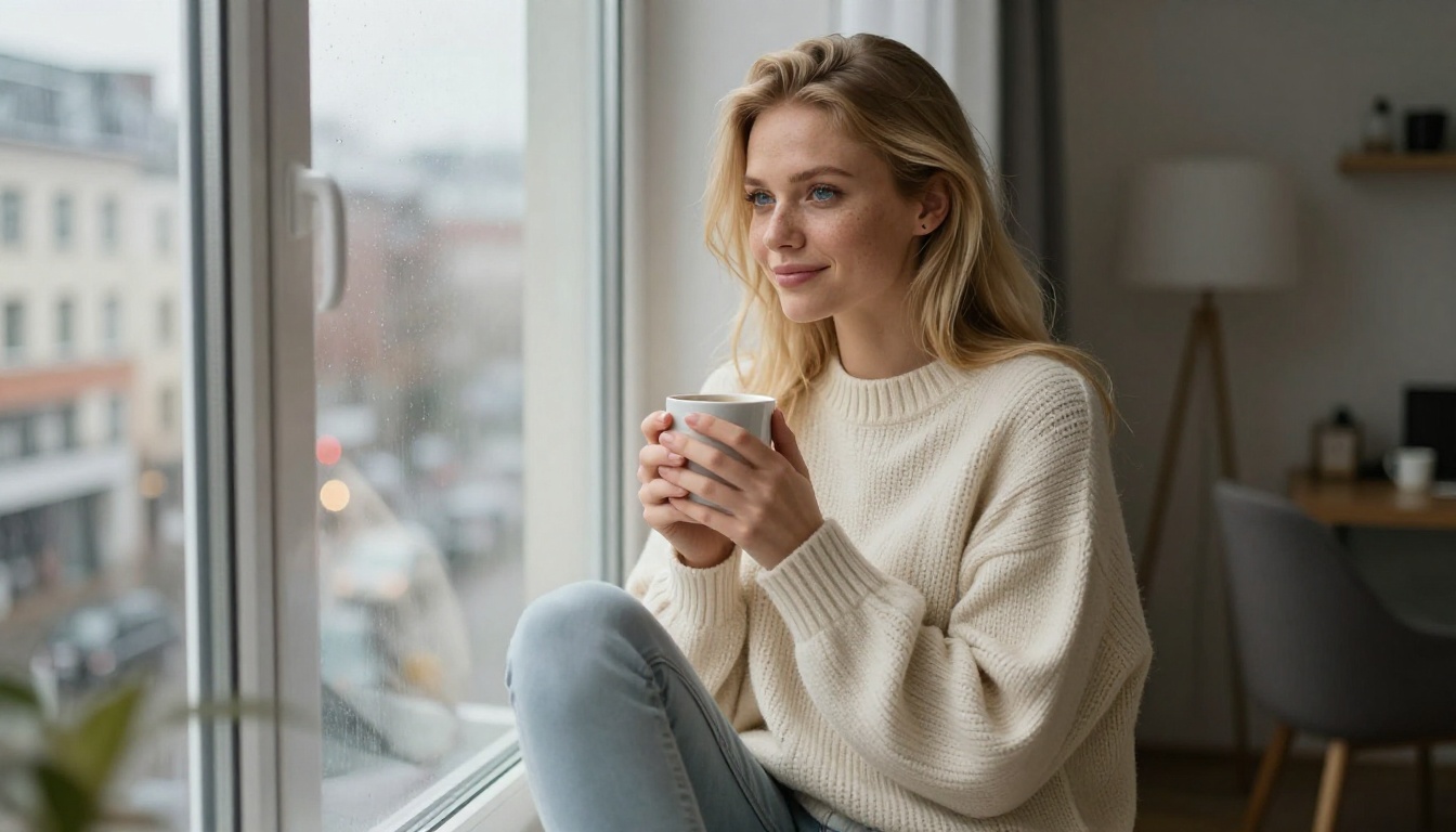 European blonde companion by rainy window, cozy and romantic