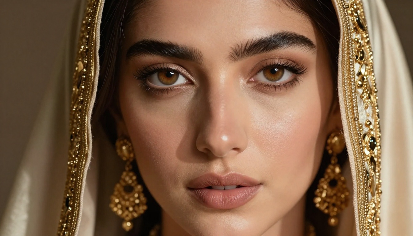 Middle Eastern beauty with gold jewelry, intimate close-up portrait