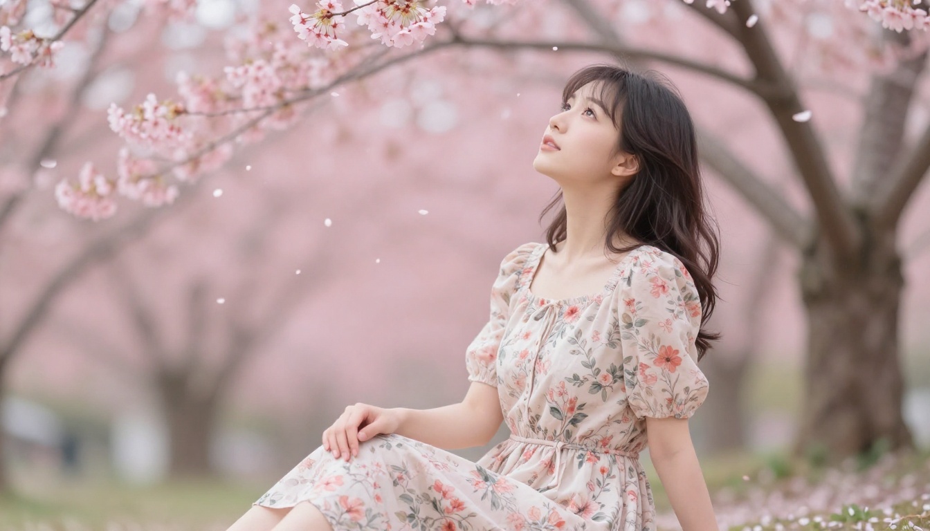 Asian companion in cherry blossom garden, dreamy spring light