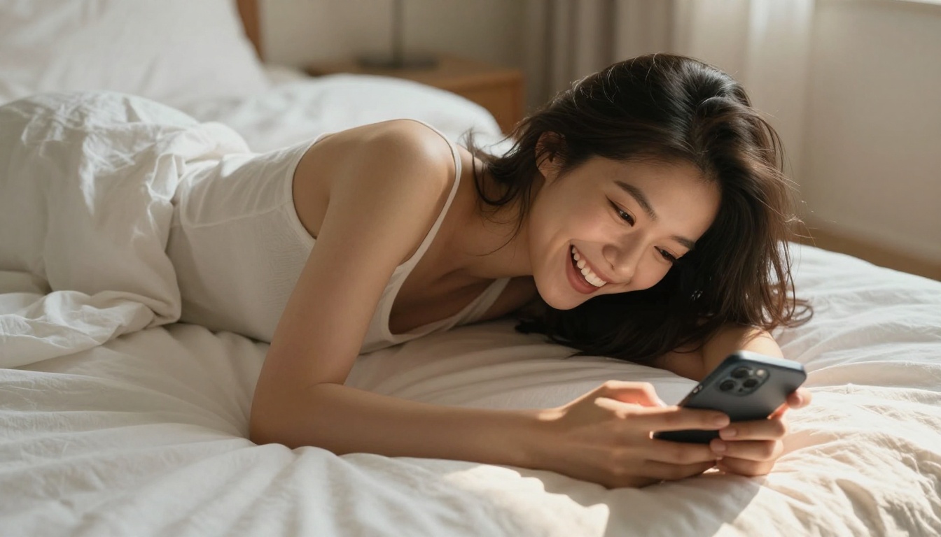 Woman lying on bed laughing at her phone, morning light through sheer curtains, joyful and carefree