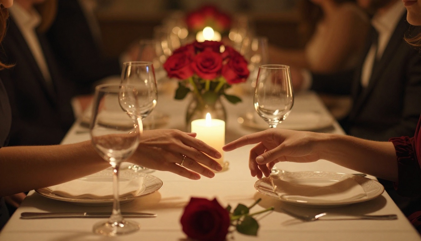 Candlelit romantic connection across dinner table, warm bokeh
