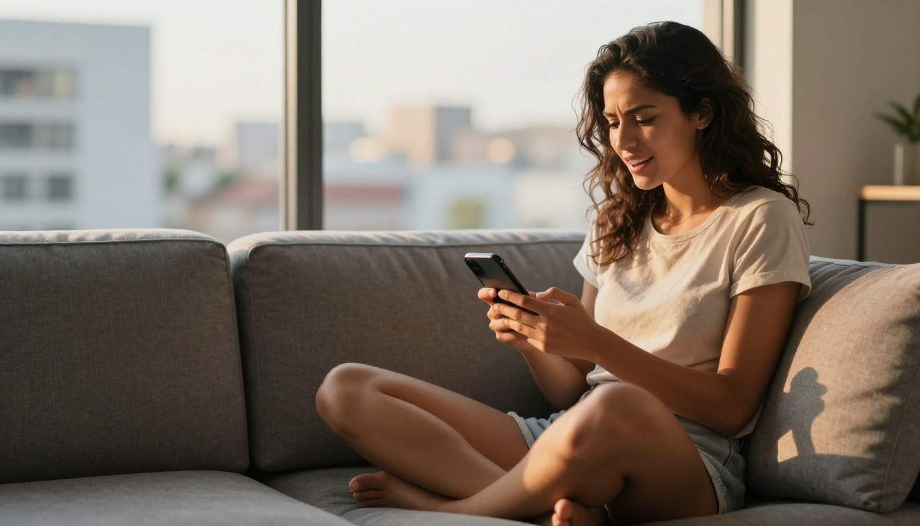 Latina woman typing on phone with expression of relief and openness, golden hour light through apartment window