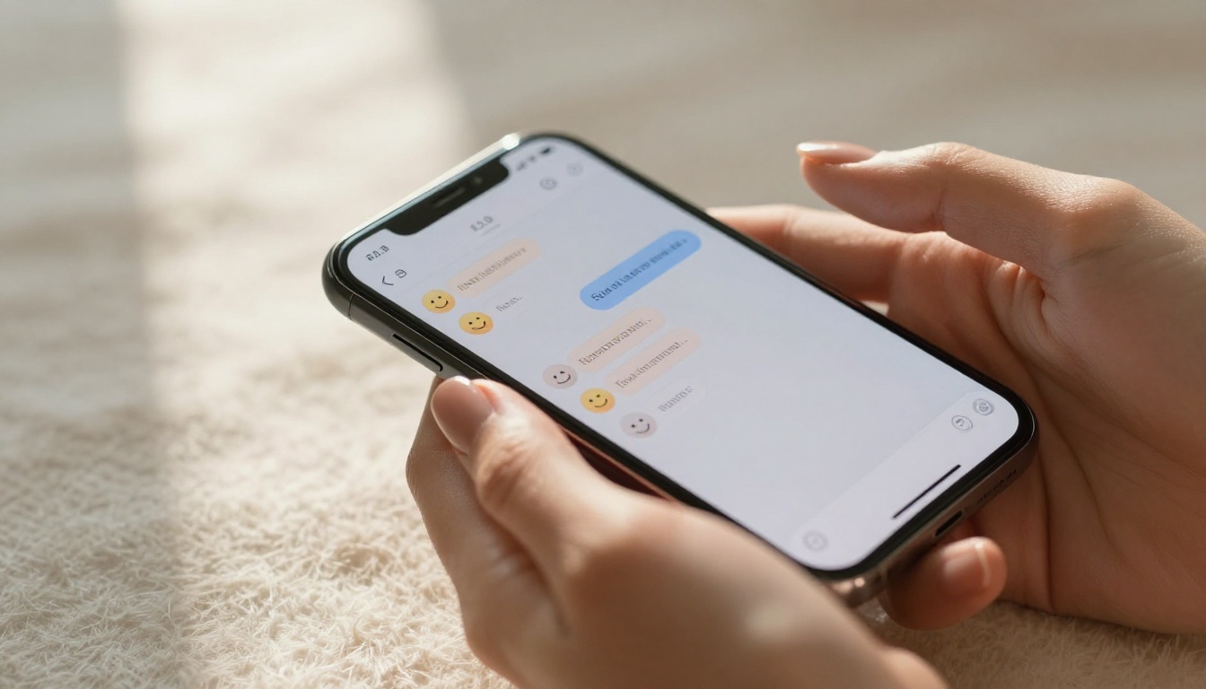 Close-up of feminine hands holding smartphone showing friendly AI chat interface, soft natural window light