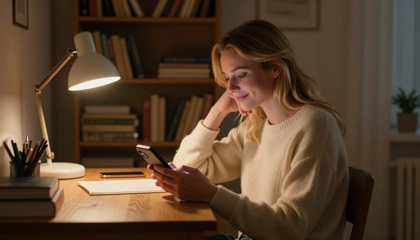 European woman with blonde hair smiling warmly at phone, cozy home study with warm lamp light at evening