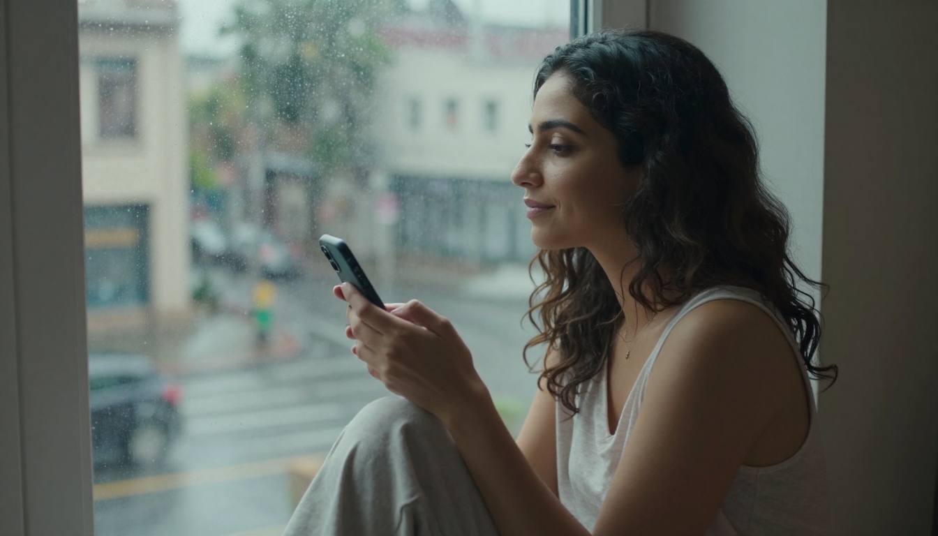 Middle Eastern woman sitting on windowsill in rainy day, calm and private, holding phone with contentment