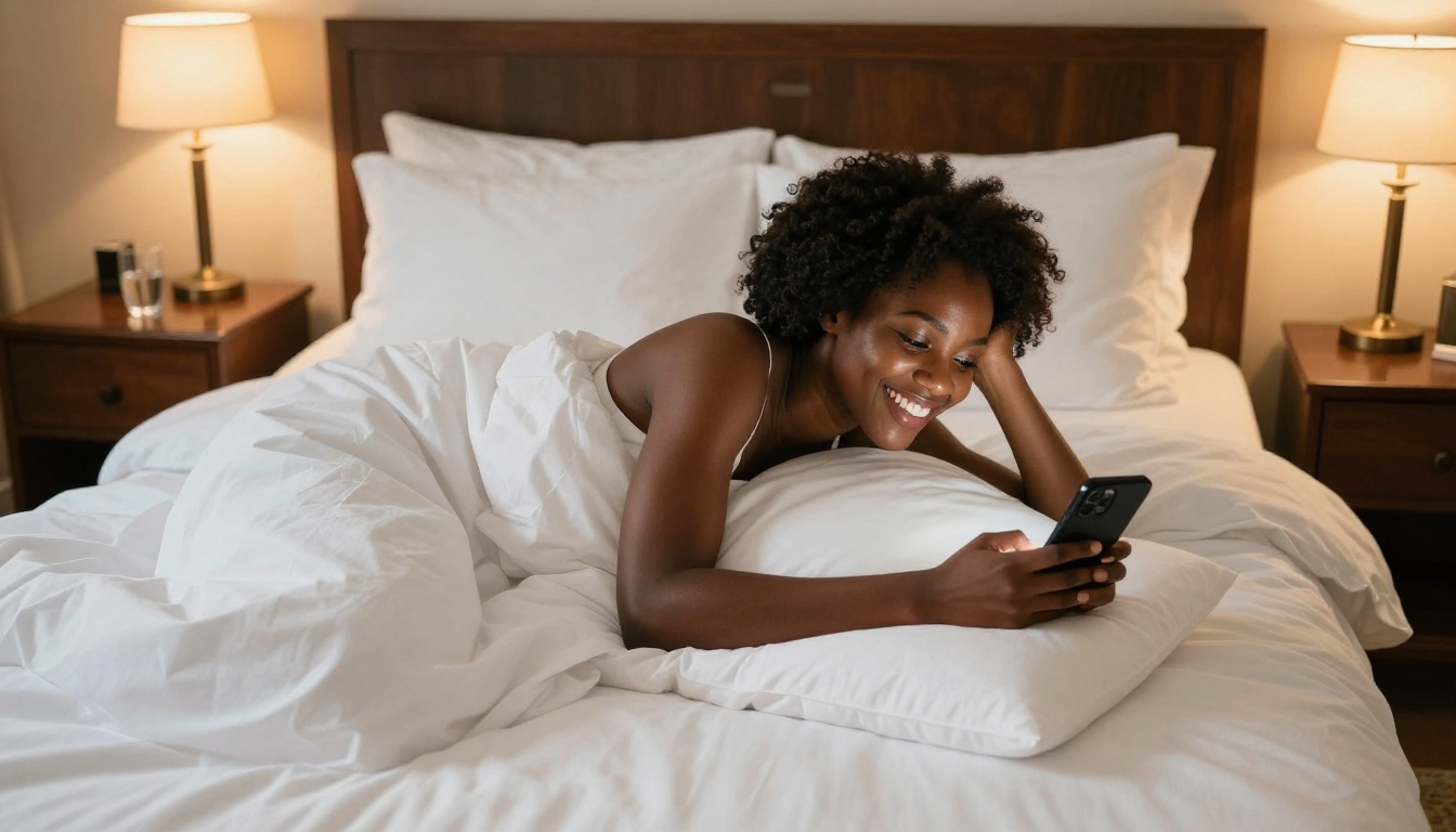 African woman on luxury hotel bed smiling freely at phone, warm amber lamp light, relaxed and joyful