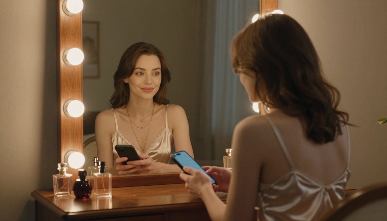Woman in elegant satin lingerie at vintage vanity mirror, confident subtle smile, Hollywood bulb lighting