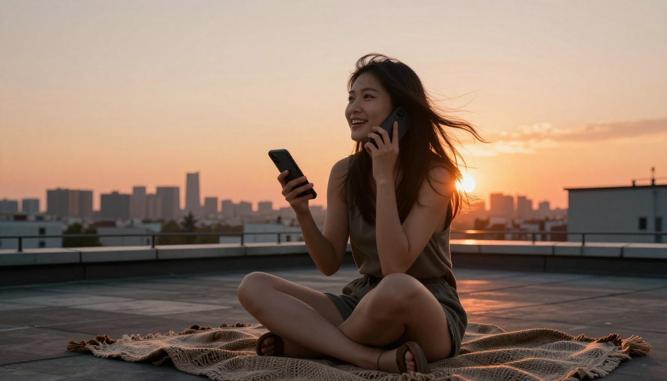 Asian woman on rooftop at sunset chatting freely on phone, warm golden light, city skyline behind her