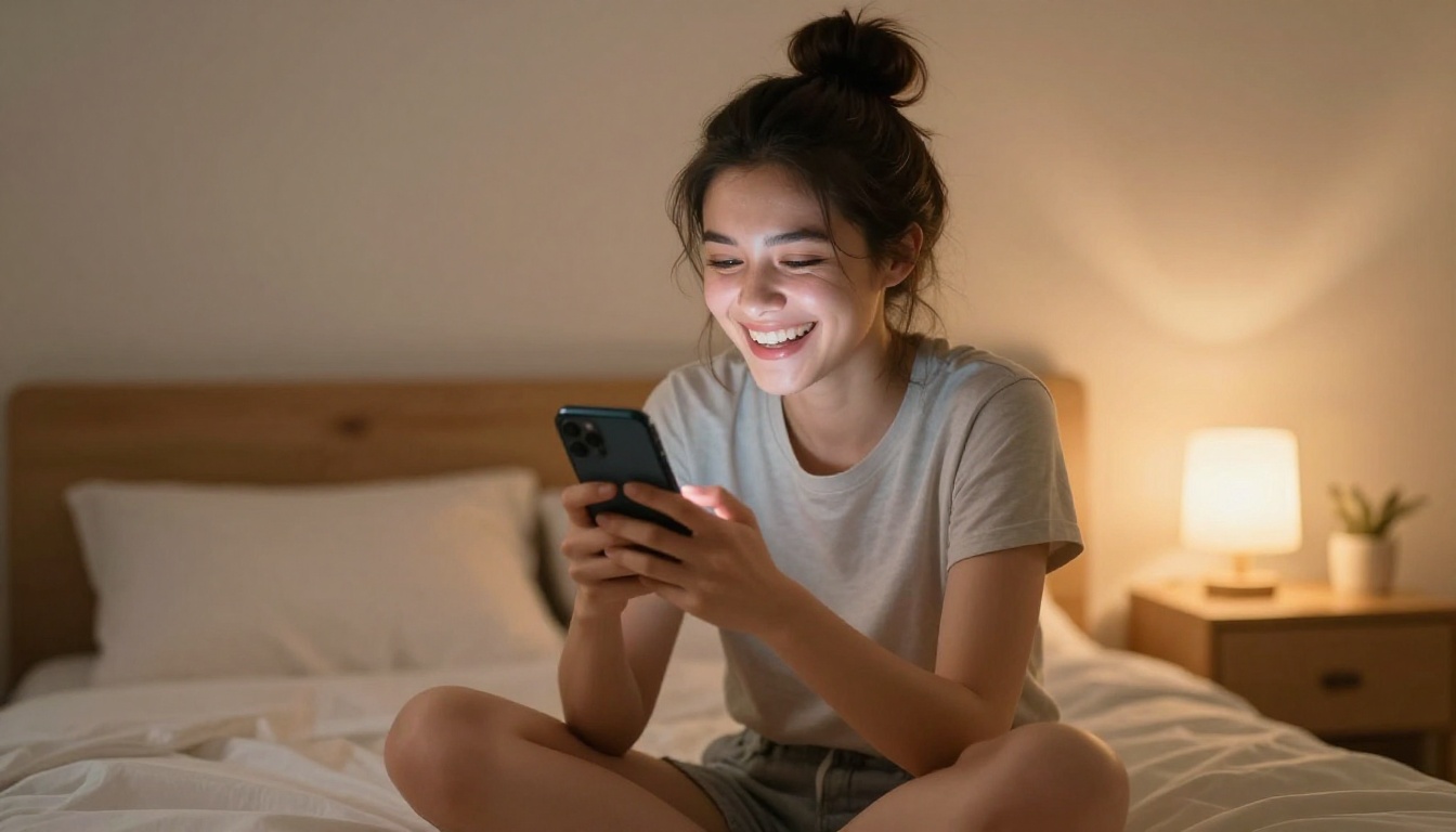 Beautiful woman on phone enjoying AI companion chat late at night