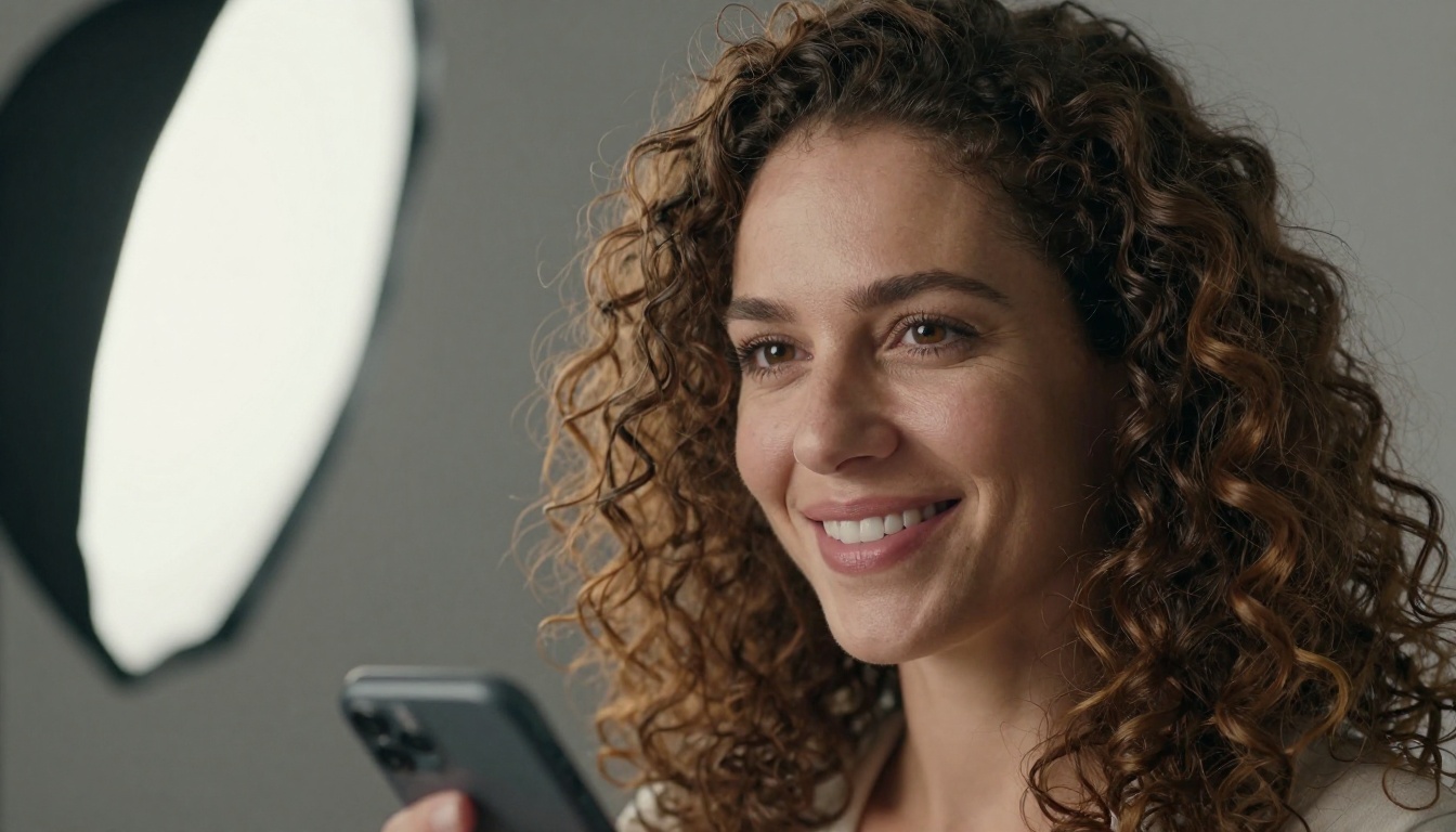 Close-up portrait of curly-haired European woman with confident warm smile, phone in hand, studio softbox lighting