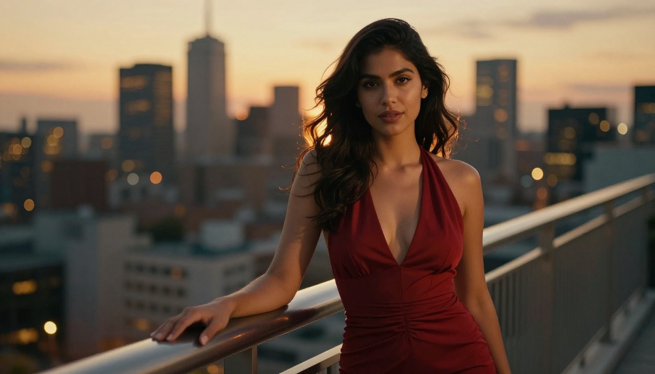 Latina AI companion character on balcony at dusk, city lights behind her