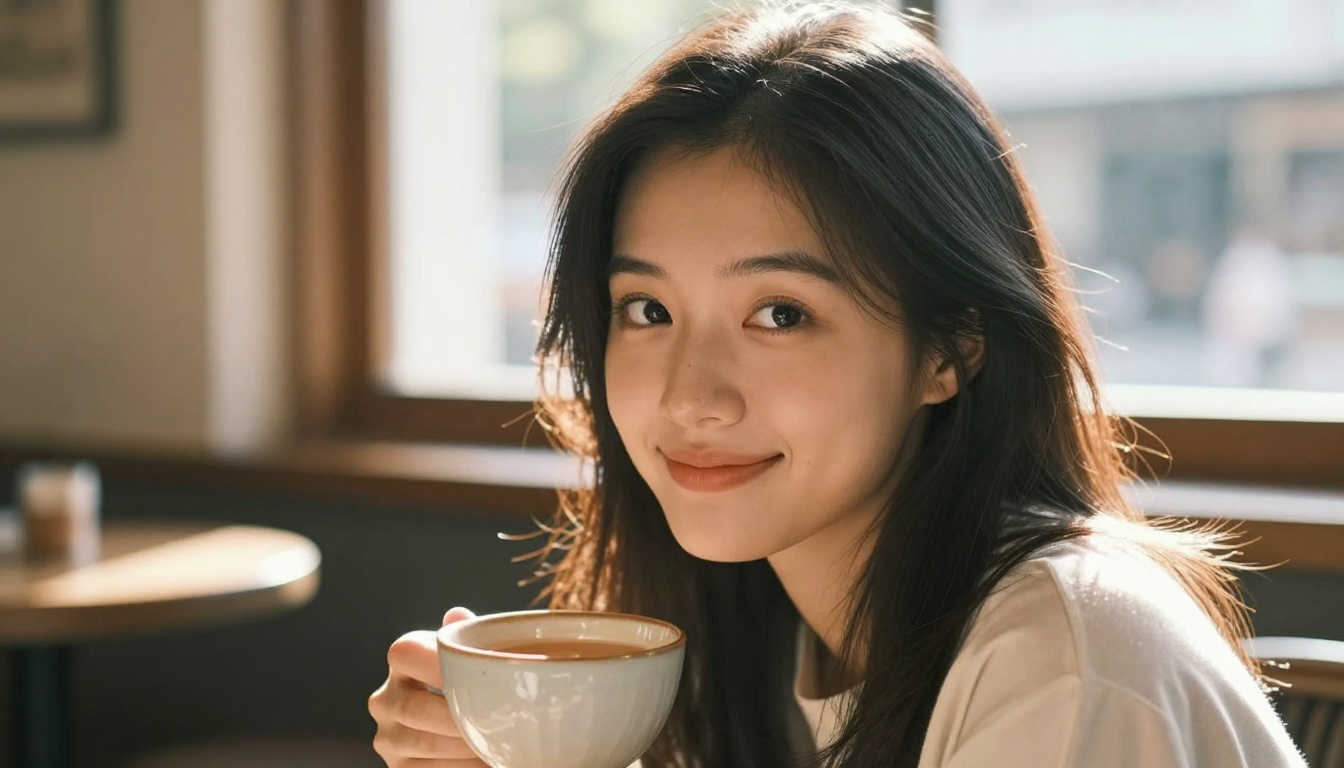 Beautiful Asian woman at cafe window, warm natural sunlight through glass