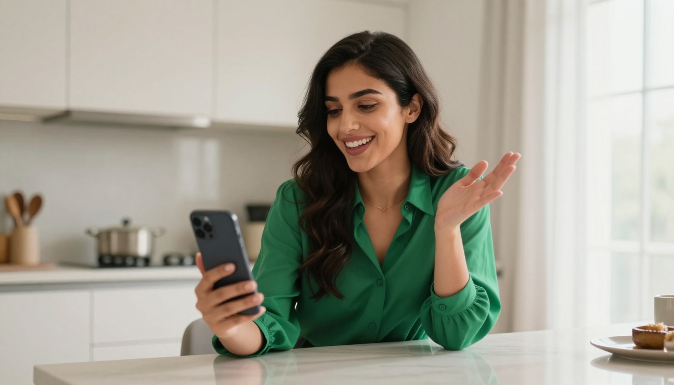 Middle Eastern woman laughing on AI video call, modern kitchen setting