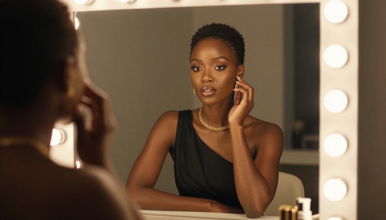 Gorgeous African woman at illuminated vanity, sophisticated evening atmosphere