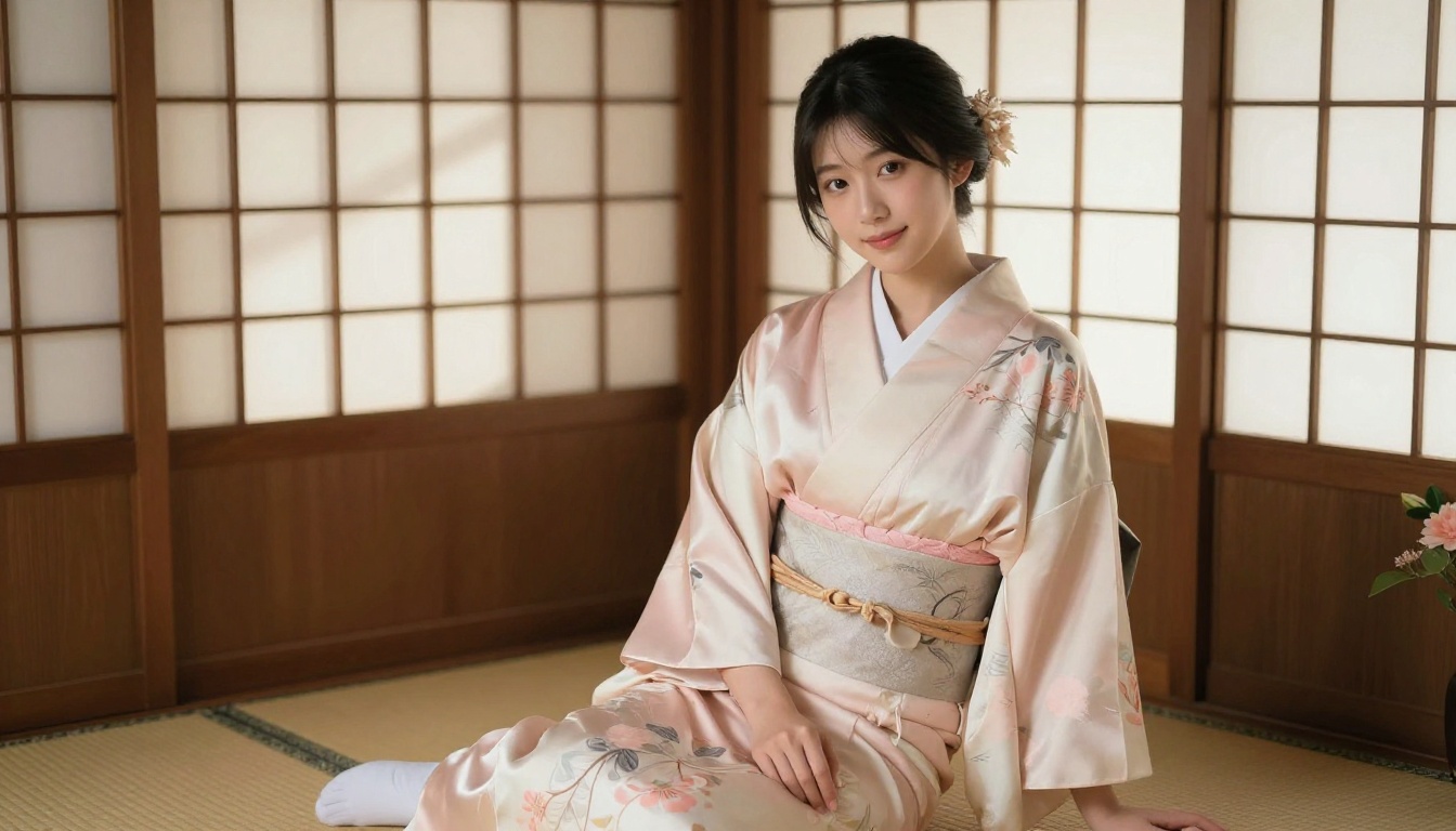 Beautiful Japanese woman in silk kimono-inspired robe, soft morning light through shoji screens
