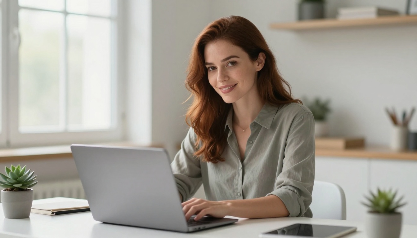Stylish woman at laptop in minimalist home office, confident and fully in control