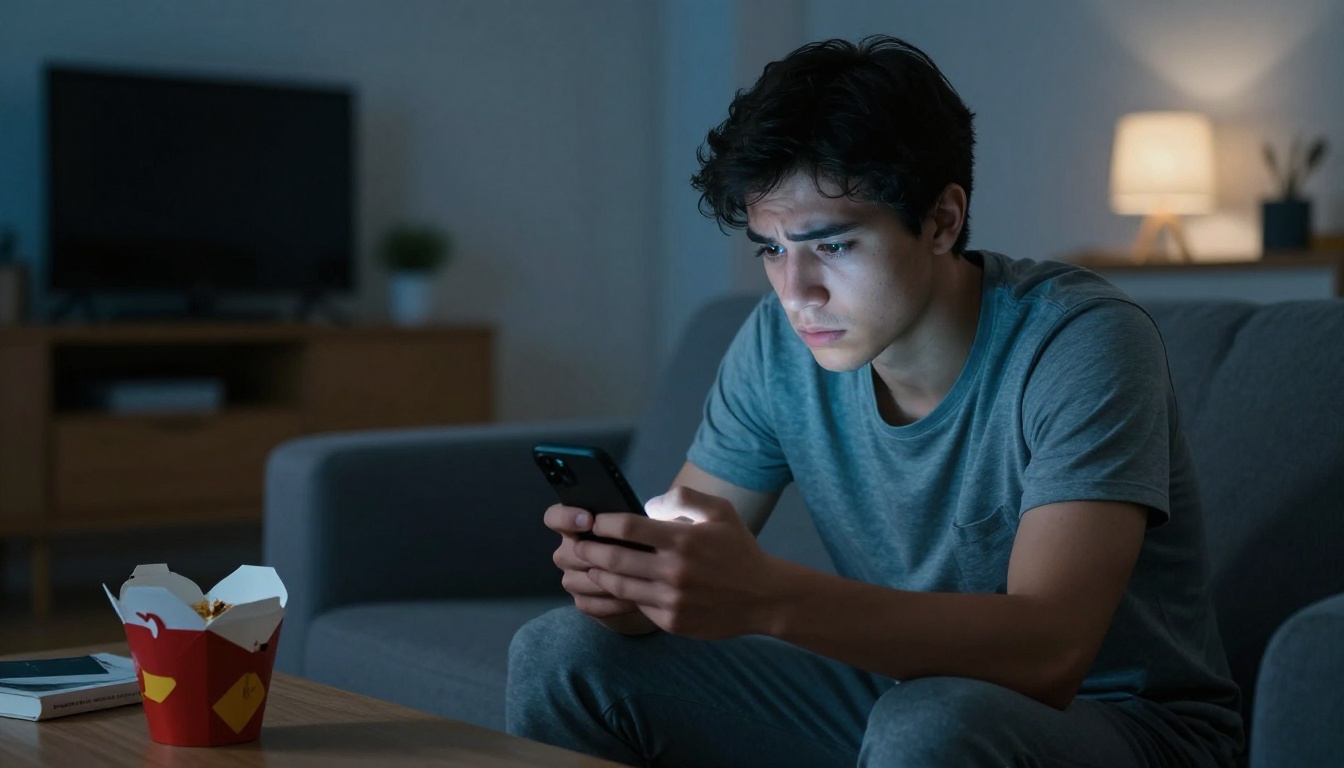 A young man slouched on a couch, scrolling his phone with visible exhaustion, soft blue-grey screen light, modern apartment, candid lifestyle photography