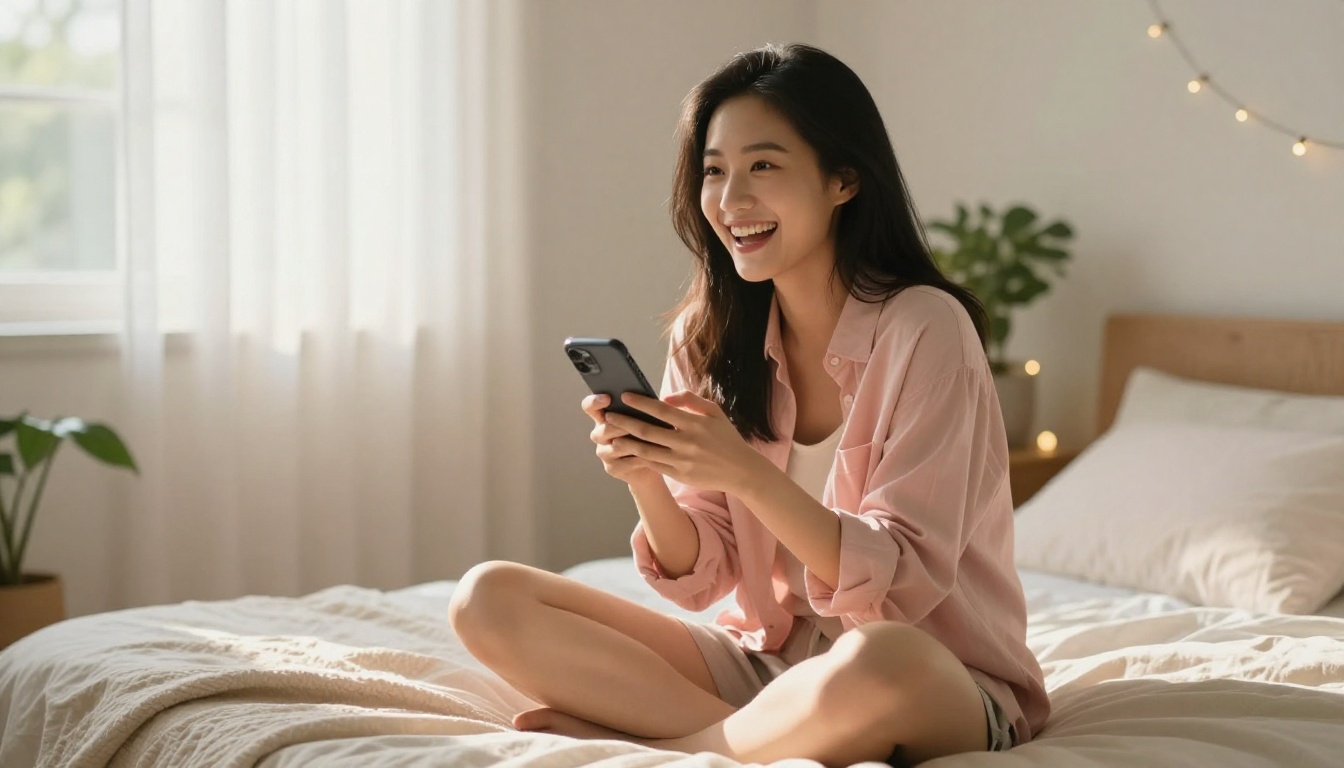A beautiful Asian woman with silky black hair, sitting cross-legged on a plush bed, laughing naturally at her phone, warm afternoon sunlight, cozy minimalist bedroom