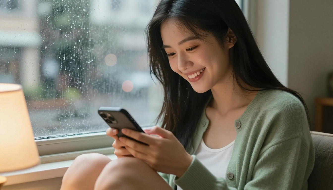 A stunning Asian woman laughing softly at her phone on a rainy window bench, warm and intimate