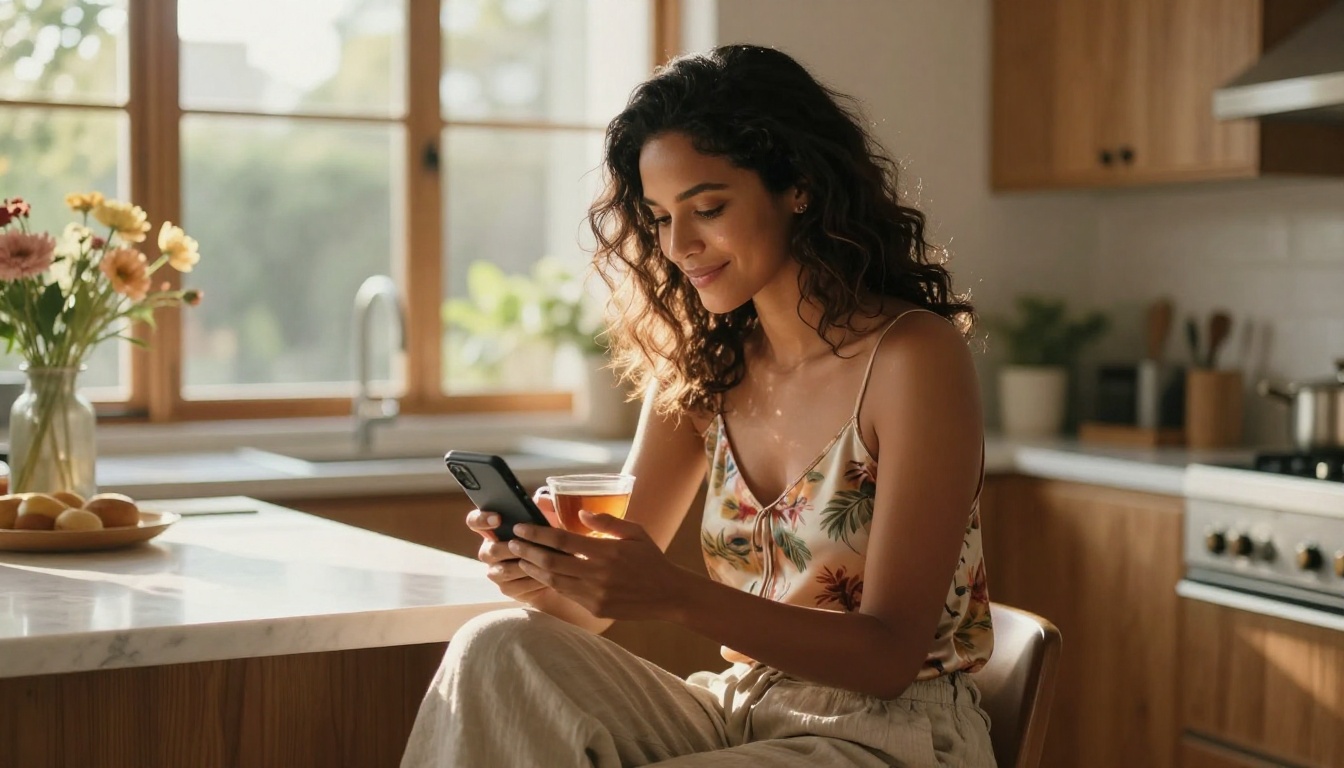 A radiant Latina woman with dark wavy hair at a marble kitchen island, holding a warm cup of tea, smiling at her phone, morning sunlight flooding through floor-to-ceiling windows