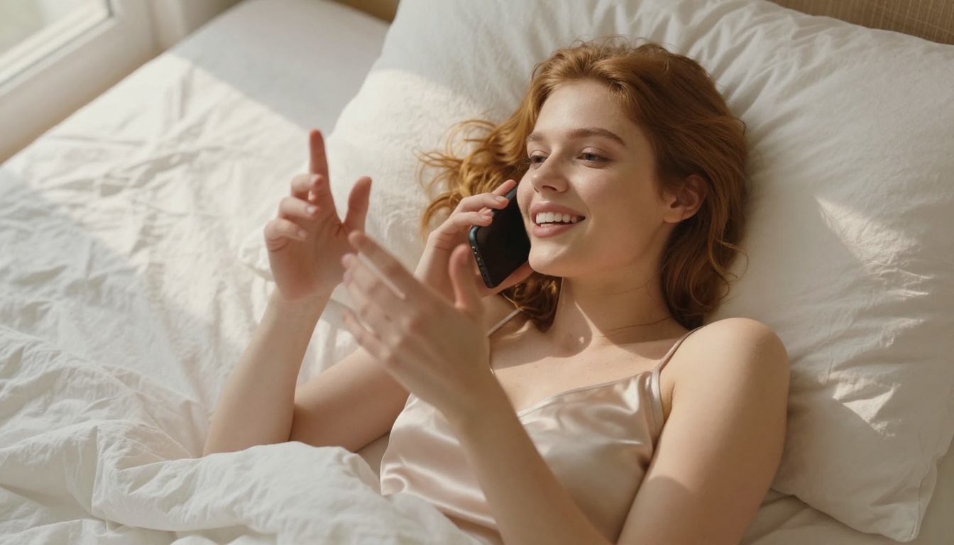 A young European woman with auburn hair lying on white linen, animated and smiling at her phone, morning light from a nearby window, aerial perspective