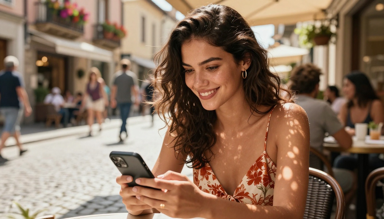 Beautiful Latina woman smiling at her phone at a sunny outdoor café terrace, bokeh street background