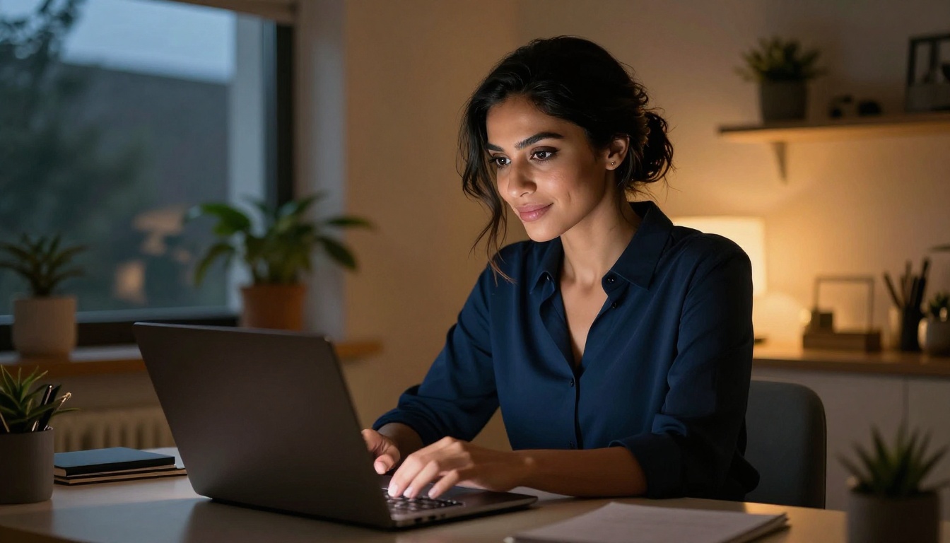 A confident Middle Eastern woman with striking dark eyes at a home office desk at dusk, warm chiaroscuro lamp light, elegant dark blue blouse, slight low angle