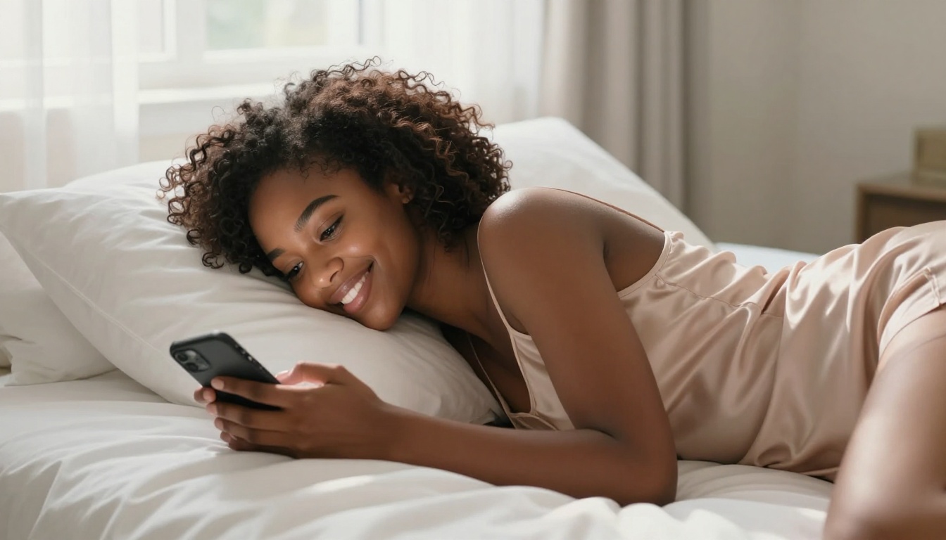 Beautiful Black woman smiling at her phone lying on a luxurious white hotel bed, afternoon light