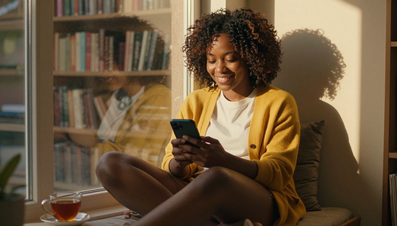An African American woman with natural coily hair in a sunlit reading nook, holding her phone with both hands, smiling warmly, mustard yellow cardigan, warm golden light